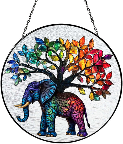 Elephant Tree Stained Glass Window Hanging Boho Animal Sun Catcher Decor Birthday Gifts for Women
