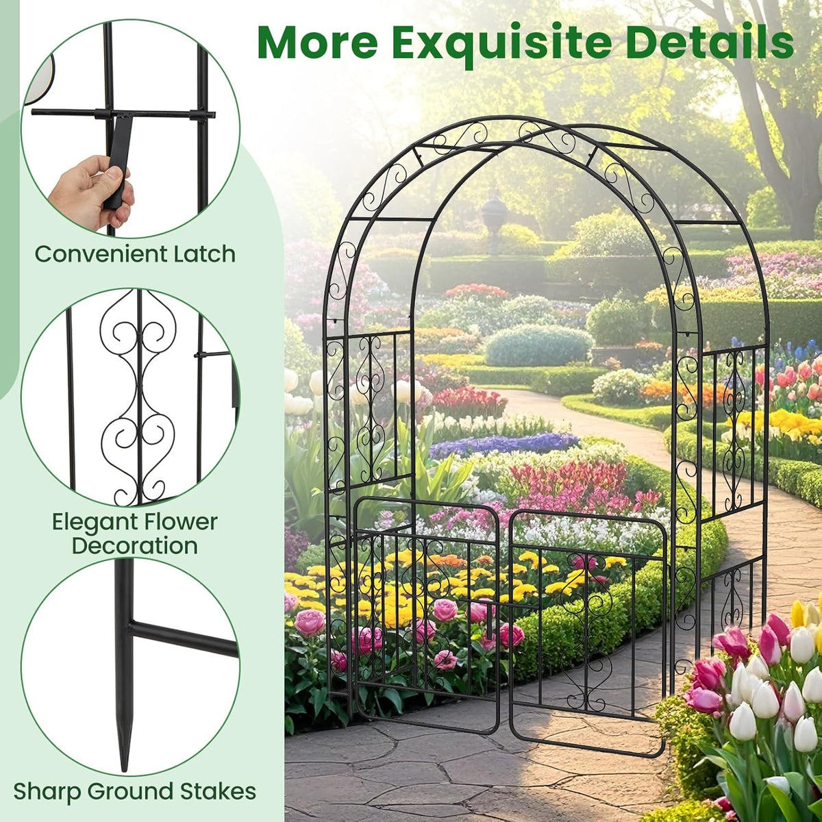 Moccha Garden Arch, 84" Arbor Trellis with Lockable Gate for Climbing Plants, Roses, Vines, Outdoor