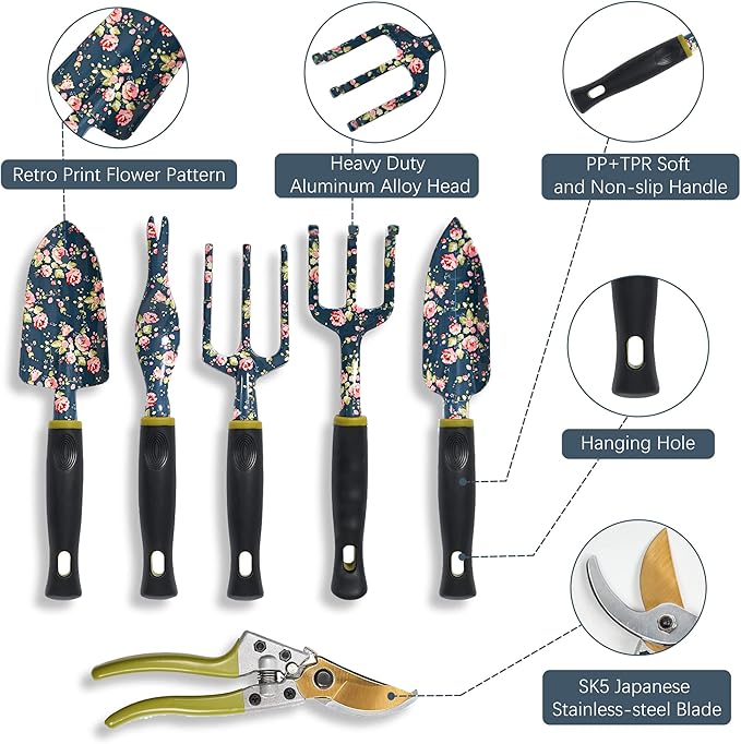 Garden Tool Set, 25Pcs Heavy Duty Floral Garden Tools, Aluminum Rust-Proof Gardening Kit with