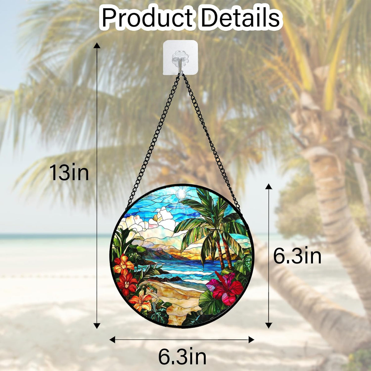 Stained Glass Window Hanging, Blue Beach Scenery Suncatcher Diamond Glass Panel Hangings Sun
