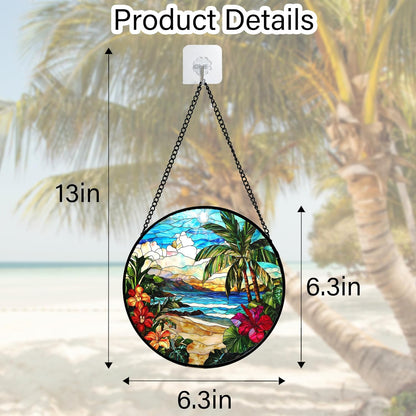 Stained Glass Window Hanging, Blue Beach Scenery Suncatcher Diamond Glass Panel Hangings Sun