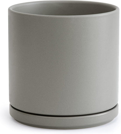 D'vine Dev 8 Inch Ceramic Planter Pot with Drainage Hole and Saucer, Indoor Cylinder Round Planter