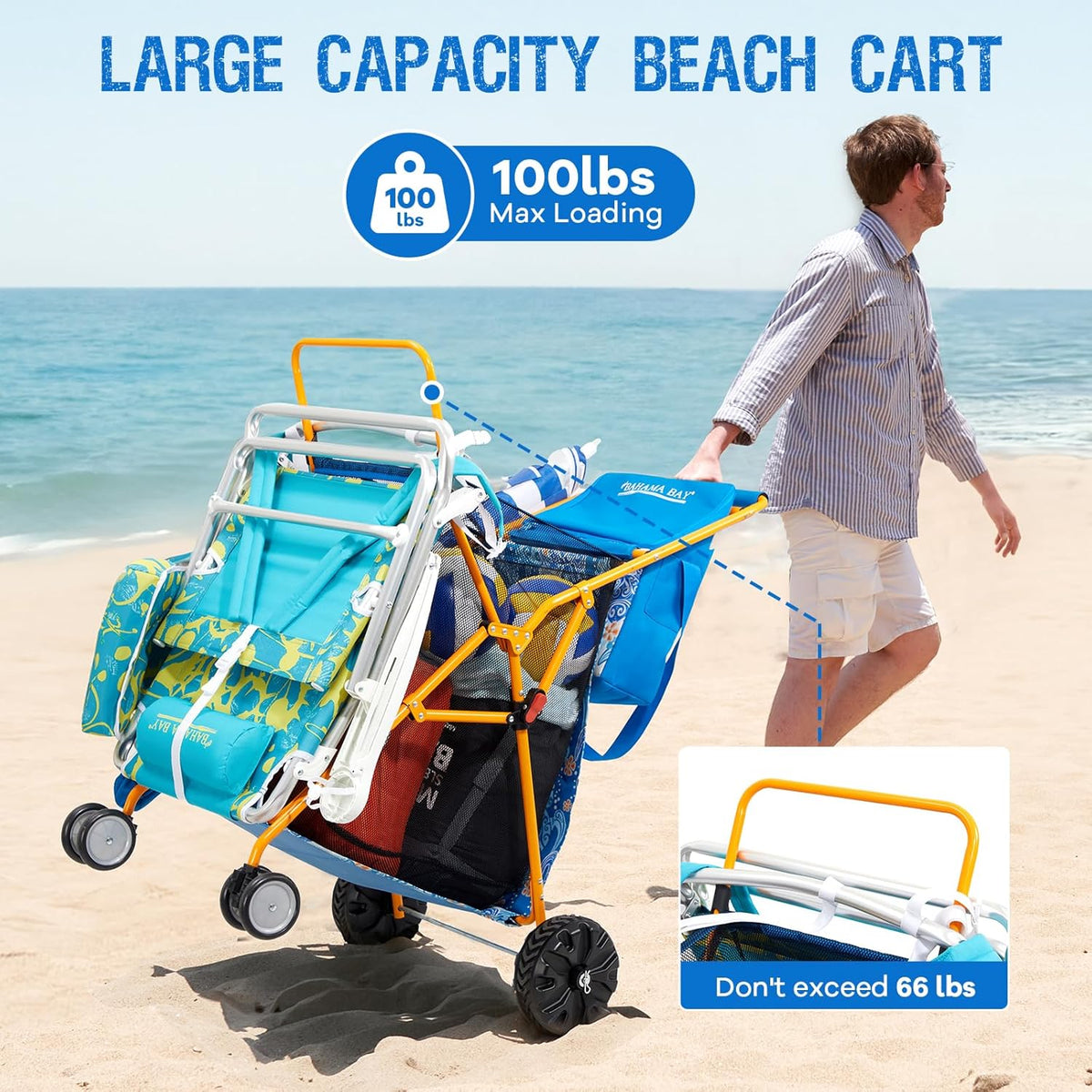 Old Bahama Bay Beach Cart with Large Wheels for Sand, Wide Wheelbase Beach Wagon with Insulated