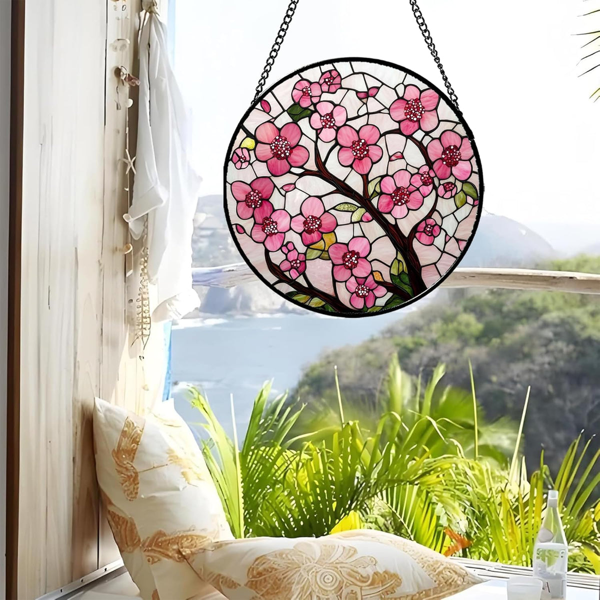 Stained Glass Window Hanging - Cherry Blossoms Birth Flower Suncatcher for Door Garden Patio Sun