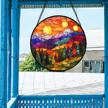 Stained Glass Window Hanging, Sunset Abstract Sun Catchers Colorful Glass Panel Landscape