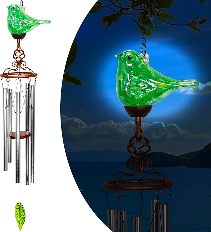 Wind Chimes, Solar Glass Bird Shape, LED, Outdoor Lawn and Patio Glass and Metal Decoration, 7 x 4