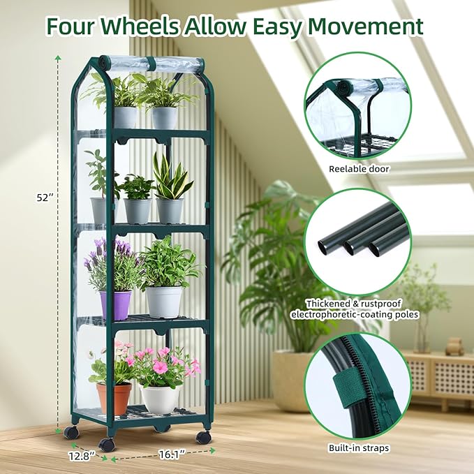 Ohuhu Mini Greenhouse for Indoor Outdoor, Small Plastic Plant Green House with Locking Wheels
