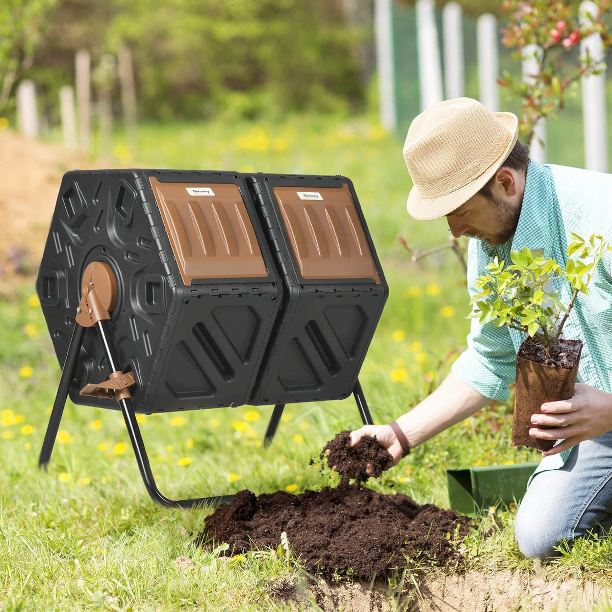 Outsunny Dual Chamber Compost Tumbler Bin, Outdoor Tumbling Composter with 24 Ventilation Openings