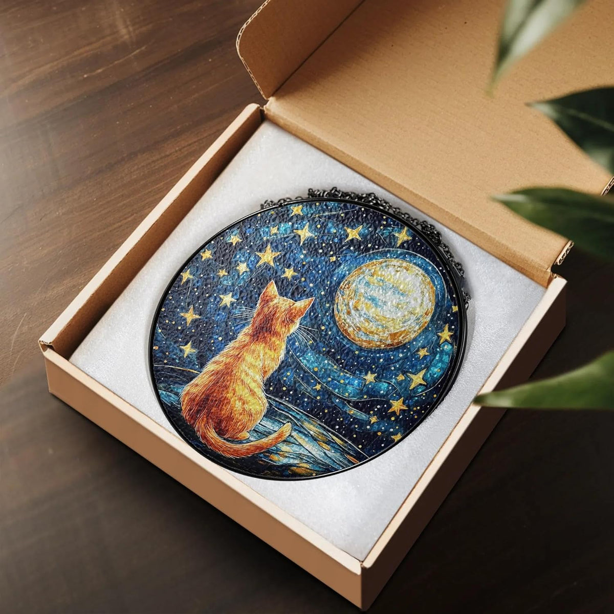 Orange Cat Stained Glass Suncatcher, Starry Night Orange Cat Lovers Gifts Window Hanging Garden