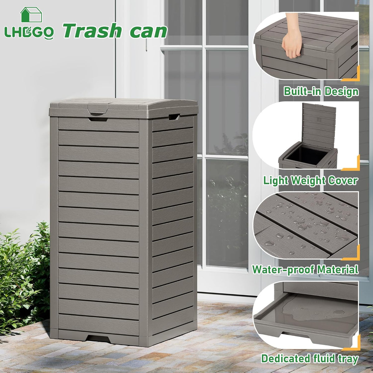 Outdoor Trash Can, 31 Gallon Garbage Can with Tiered Lid and Drip Tray, Waterproof Resin Patio