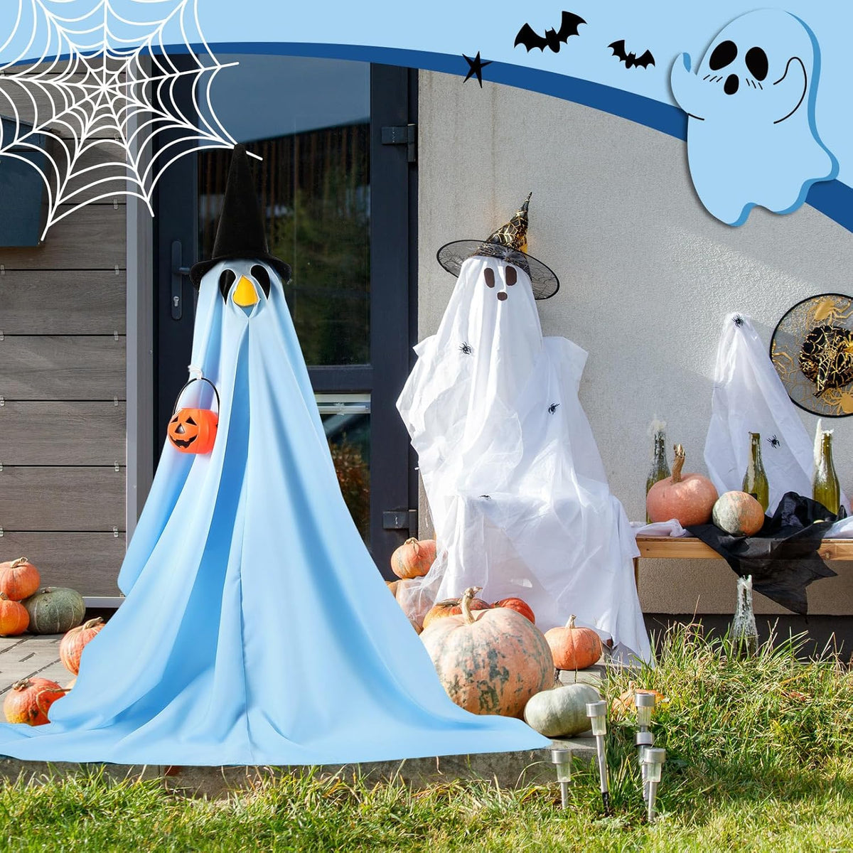 Halloween Porch Goose Outfit Ghost Lawn Goose Clothes with Pumpkin Bag for 23" Disco Plastic/Cement