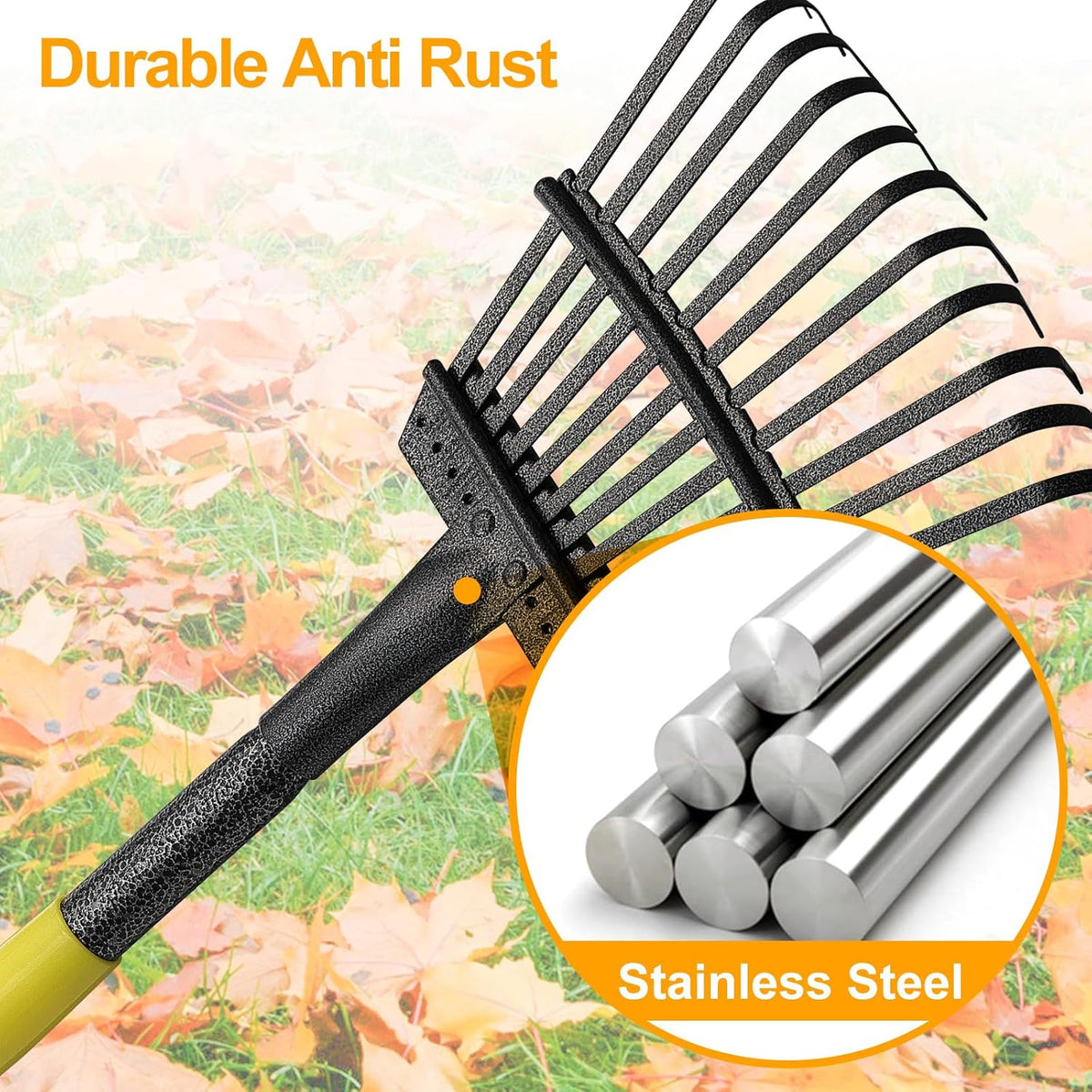 73" Leaf Rake- 11 Metal Tines 8.5" Wide- Small Leaves Rakes for Gardening- Adjustable Metal Leaf