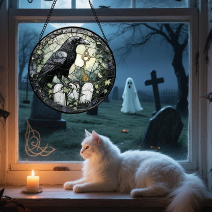 Stained Glass Window Hanging - Halloween Crow White Tombstone Suncatcher for Doors Garden Home