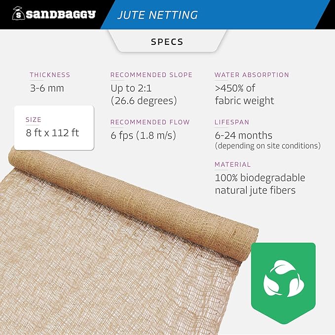 Sandbaggy Jute Netting Roll, 8 ft x 112 ft - Biodegradable Erosion Control Blanket for Slopes