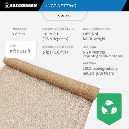 Sandbaggy Jute Netting Roll, 8 ft x 112 ft - Biodegradable Erosion Control Blanket for Slopes