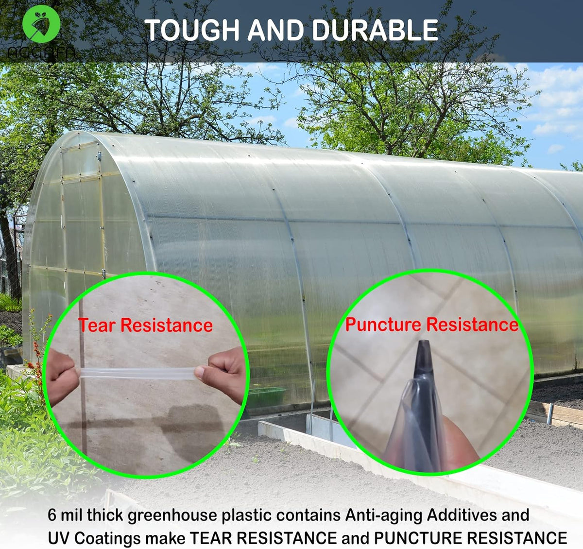 6 mil (24ft x 50ft) 100% Virgin Material. 5Layers Advanced Extrusion Technology for UV Protection
