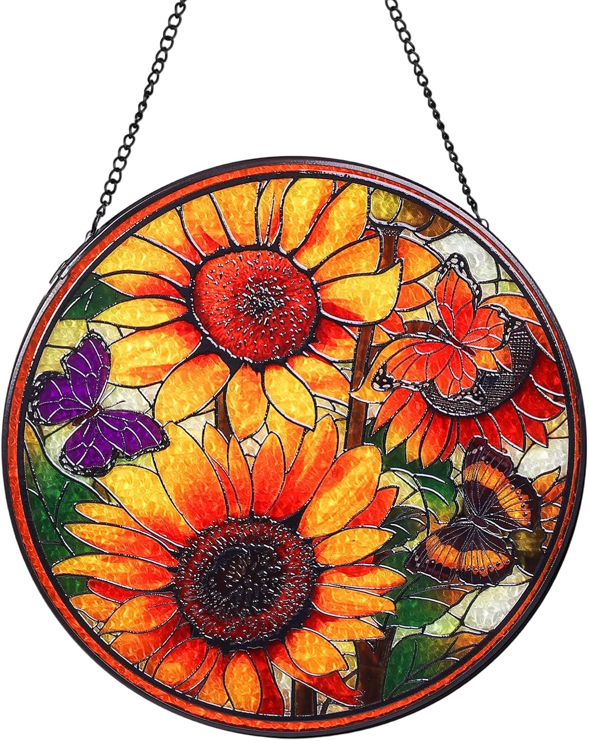 Sunflowers Handmade Stained Glass Window Hanging Suncatcher with Chain - 7.9" Outdoor/Indoor Art