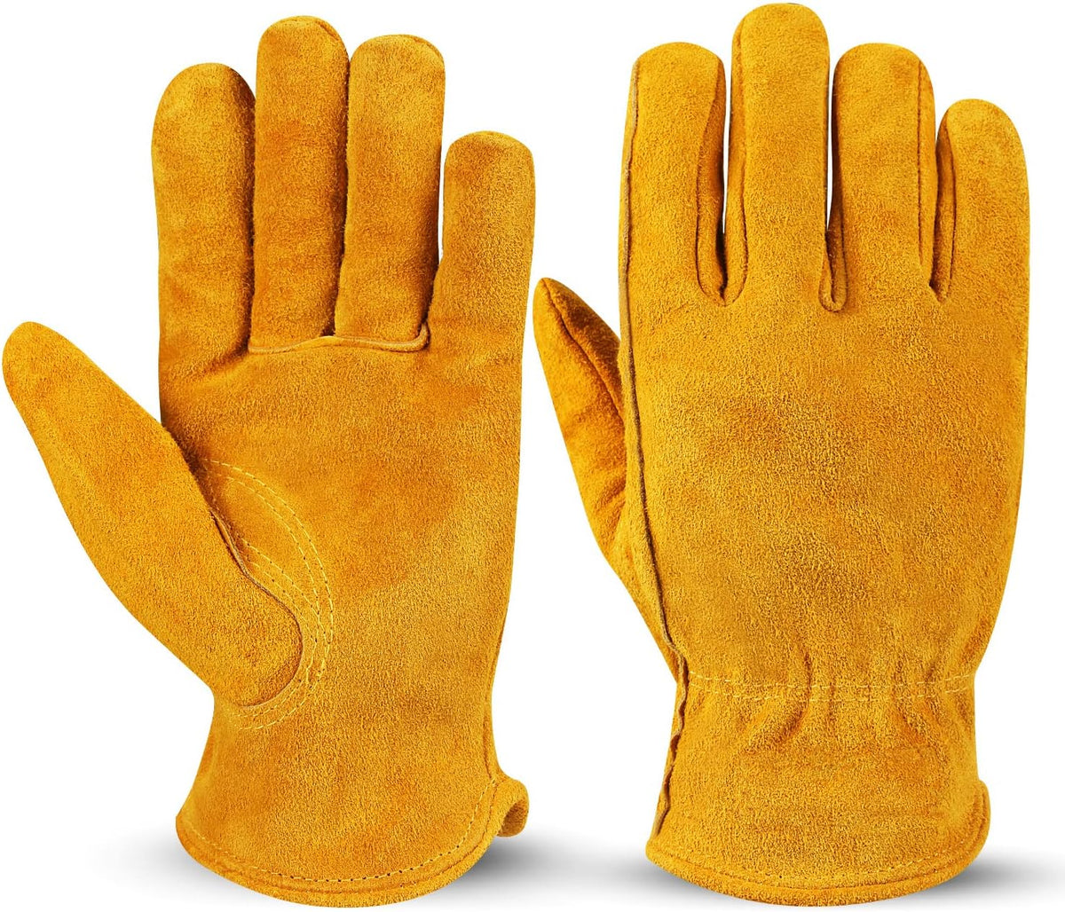OZERO Leather Work Gloves Flex Grip Tough Cowhide Gardening Glove for Men and Women (Medium, Gold