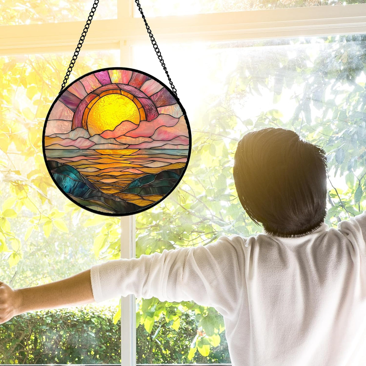 Stained Glass Window Hanging, Sunrise Over The Sea Suncatcher Diamond Glass Panel Hangings Abstract