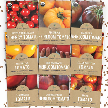 Organic Tomato Seeds Variety Pack - 9 Individual Packs - 2025 Season - Roma, Cherry, Black Krim