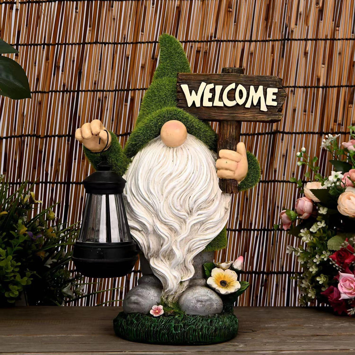 Garden Gnome Statue Outdoor Decor Large Flocked Resin Gnome Figurine with Solar Light Holding