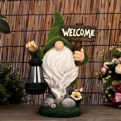 Garden Gnome Statue Outdoor Decor Large Flocked Resin Gnome Figurine with Solar Light Holding