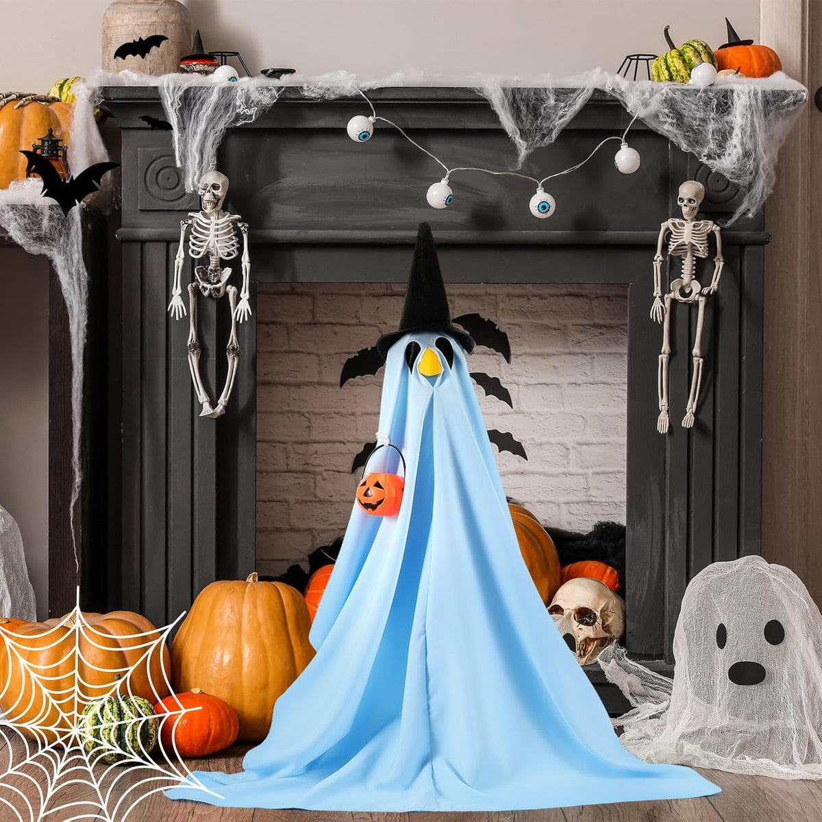 Halloween Porch Goose Outfit Ghost Lawn Goose Clothes with Pumpkin Bag for 23" Disco Plastic/Cement