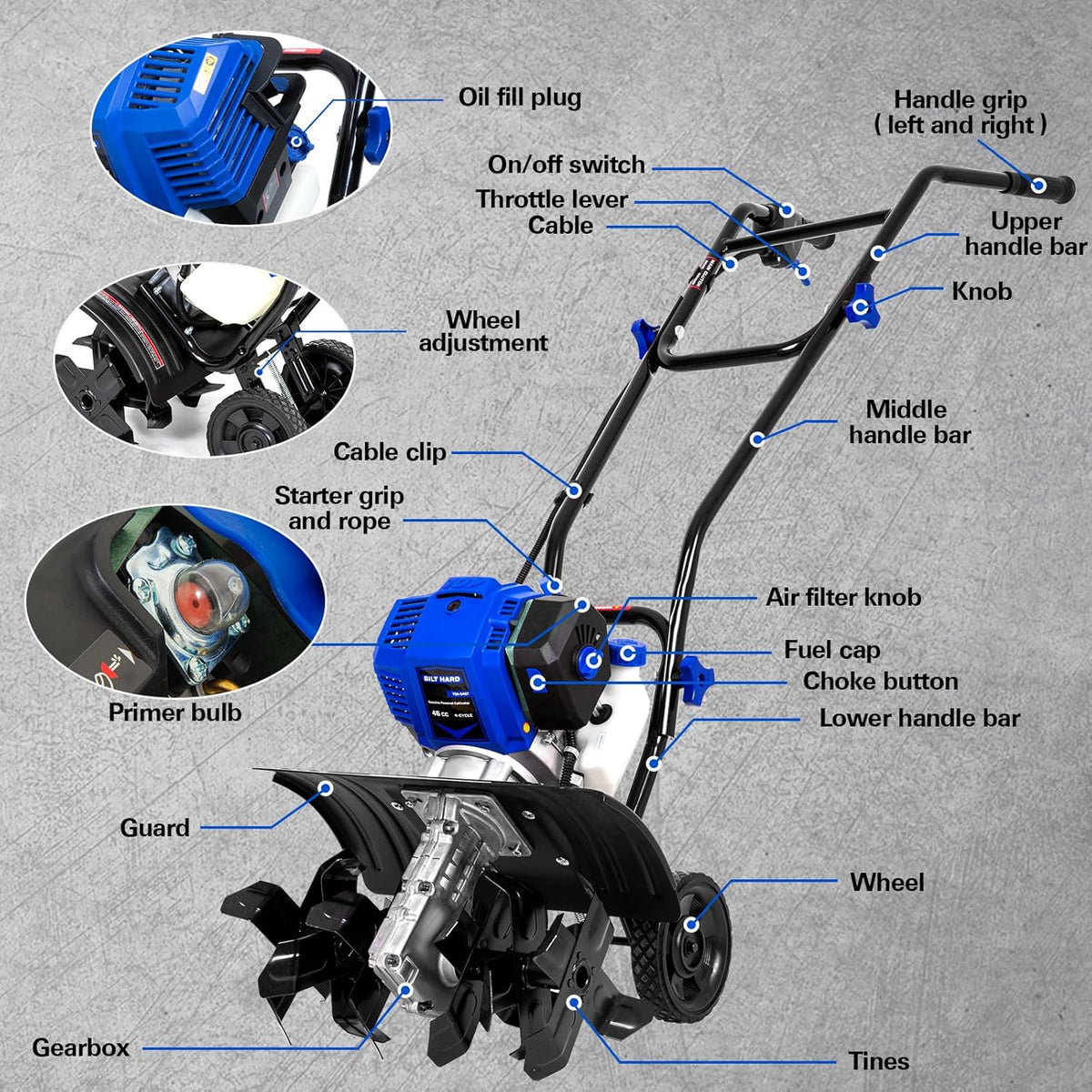 BILT HARD 46cc 4-Cycle 1.9HP Gas Powered Tiller Cultivator - 16" Heavy-Duty Steel Tines Rototiller