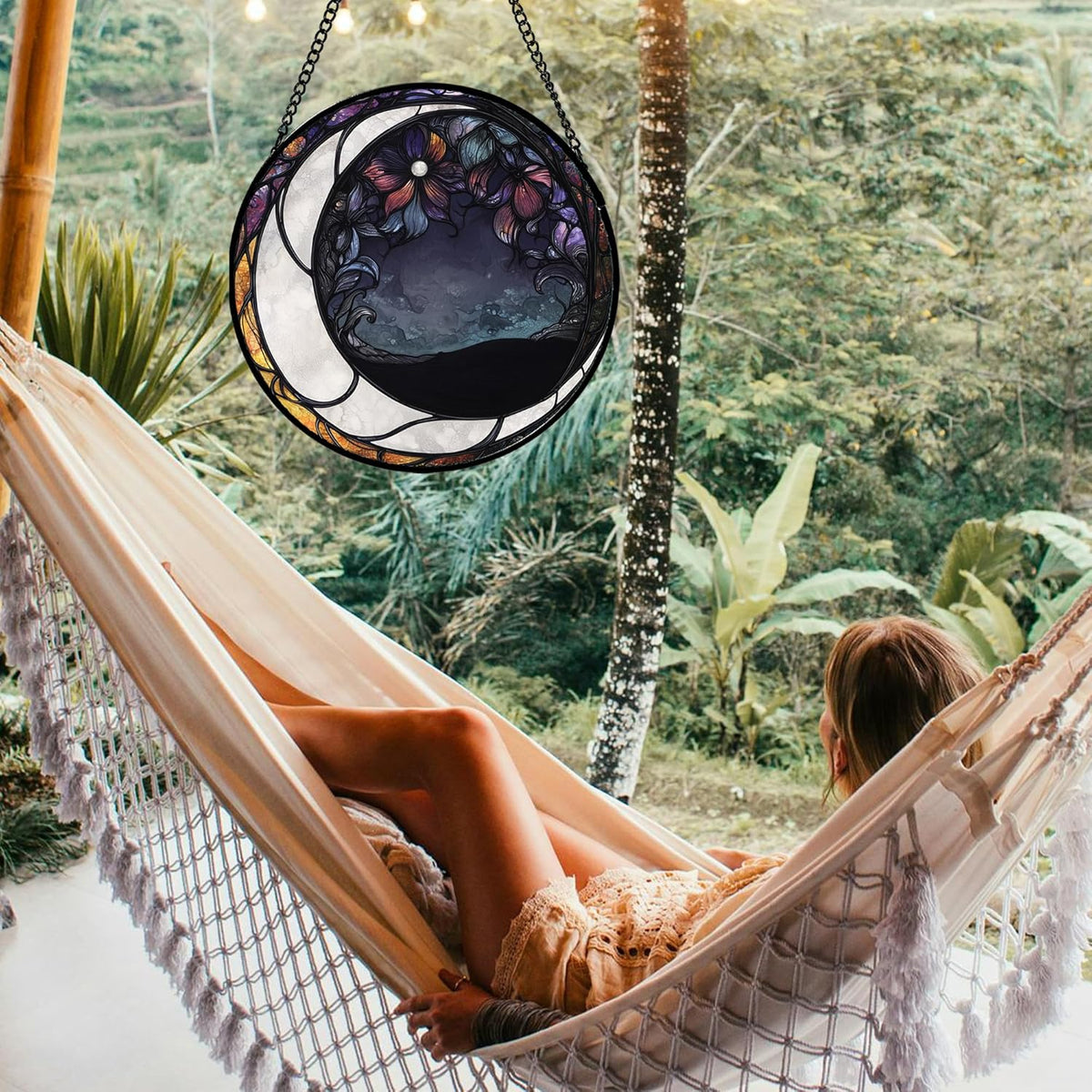 Stained Glass Window Hanging - Black and White Moon Sun Catcher for Door Terrace Garden Home Decor