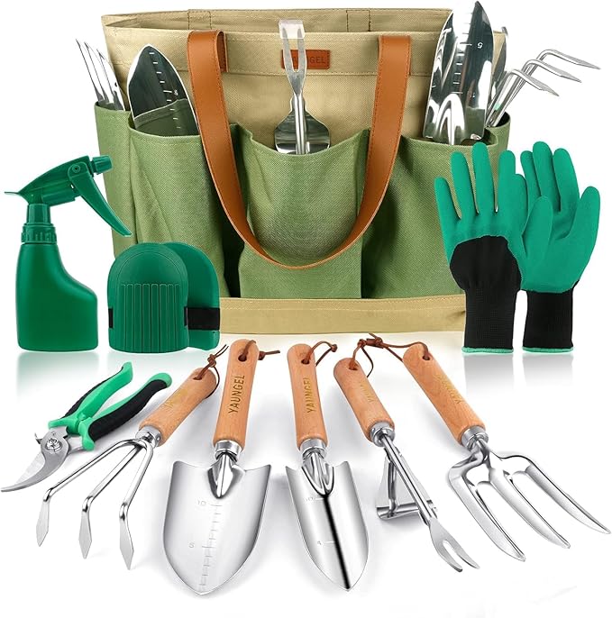 YAUNGEL Gardening Tools - 10 Pcs Garden Tool Set Heavy Duty Stainless Steel Garden Supplies Hand