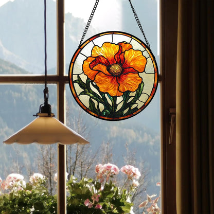 Stained Glass Window Hanging - Orange Poppy Birth Flower Suncatcher for Door Garden Yard Retro Sun