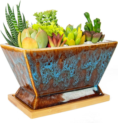 ARTKETTY Succulent Pots - 7 Inch Large Plant Pot with Drainage Tray, Shallow Ceramic Pots for