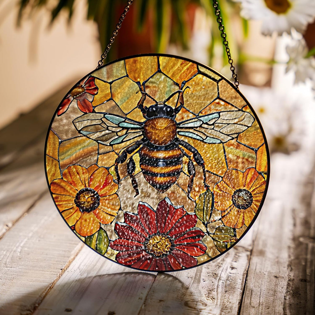 7.8" Bee Honeycomb Stained Glass Suncatchers Art Insect Flowers for Sun Catcher Gifts for Pet