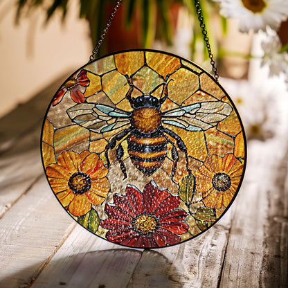 7.8" Bee Honeycomb Stained Glass Suncatchers Art Insect Flowers for Sun Catcher Gifts for Pet