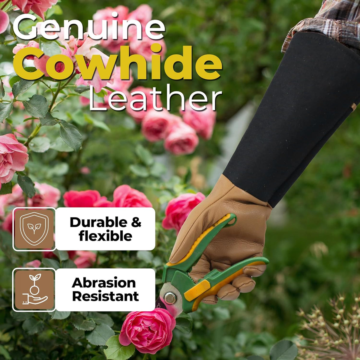 HANDLANDY Long Gardening Gloves for Men & Women, Cowhide Leather Rose Pruning Gloves, Breathable