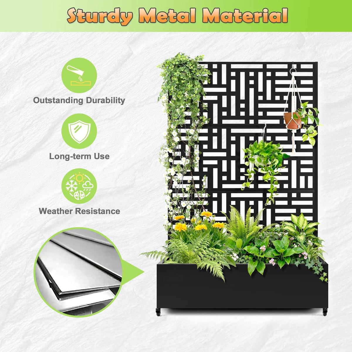 Metal Raised Garden Bed with Trellis, 2-in-1 Planter Box & Privacy Screen for Climbing Plants