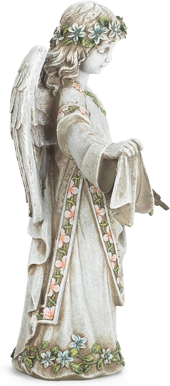 Roman Josephs Studio Inspirational Girl Angel Wearing Floral Trimmed Gown with Birds Garden Statue