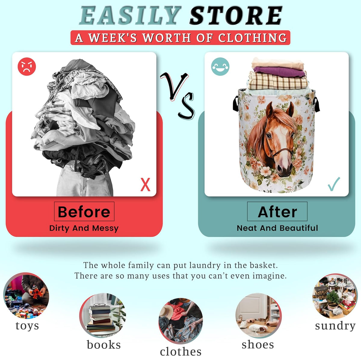 Watercolor Horse Laundry Basket Foldable With Handles Cute Animal Floral Tote Bag Oxford Cloth