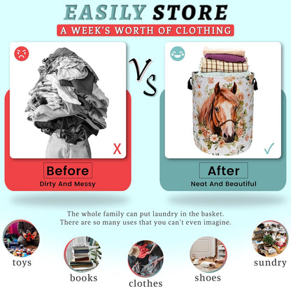 Watercolor Horse Laundry Basket Foldable With Handles Cute Animal Floral Tote Bag Oxford Cloth