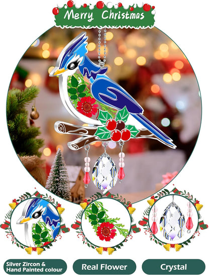 KY&BOSAM Blue Bird Suncatcher Gifts for Mom Hand Painted Stained Glass for Windows Hanging Wind