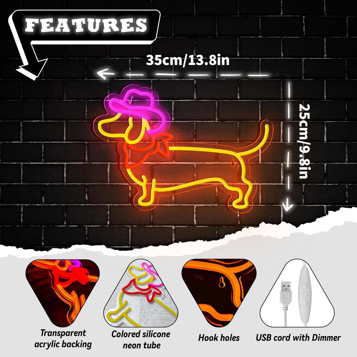 Dachshund Neon Sign Dog Neon Signs for Wall Decor Cute Puppy with Cowboy Hat Led Light Sign for Pet