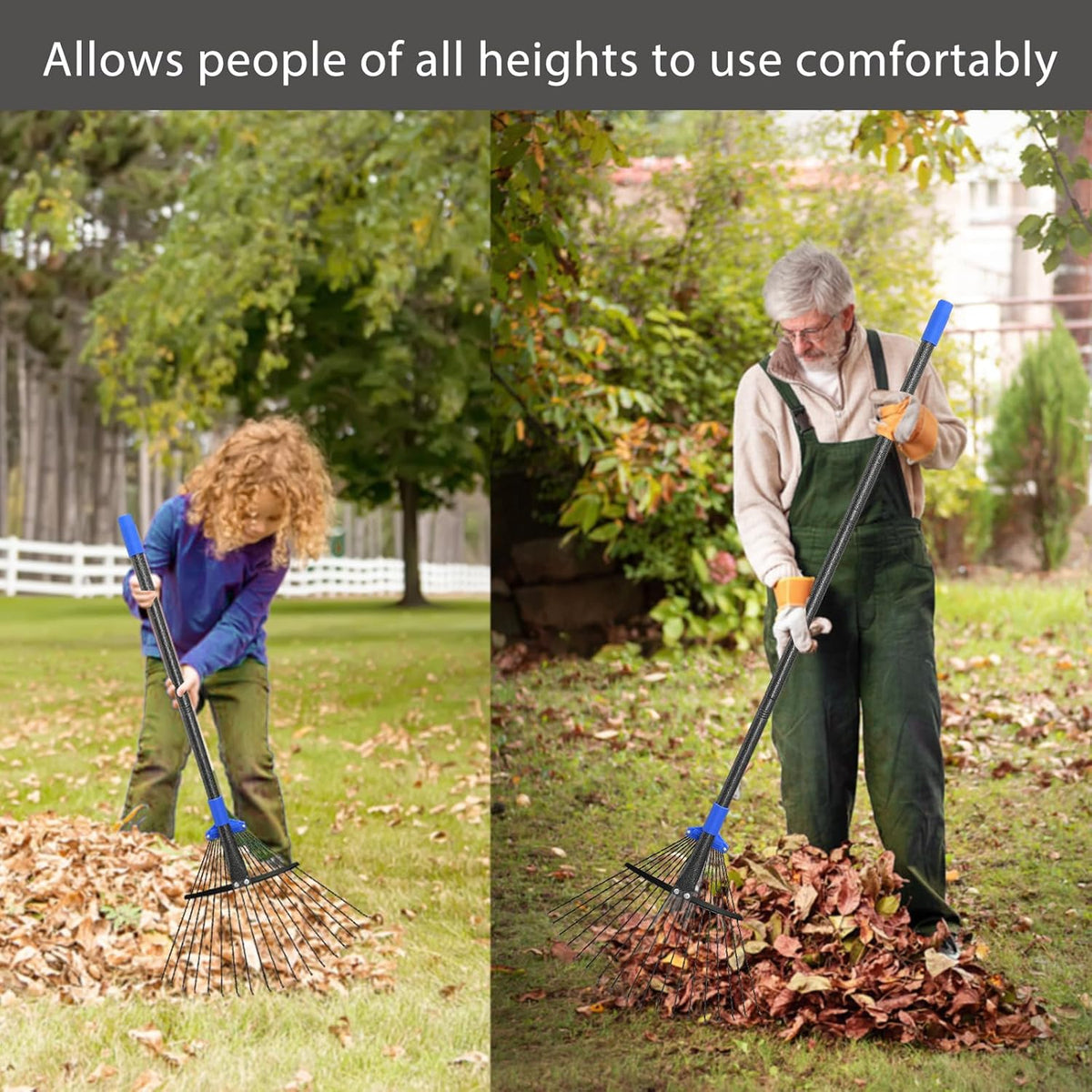 Adjustable Metal Leaf Rake Long Handle, Garden Rakes for Lawns Heavy Duty Leaves with Expandable