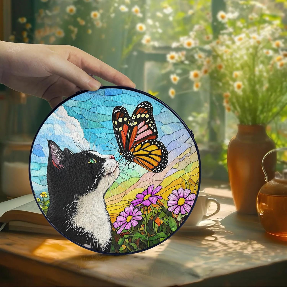 Tuxedo Cat Gifts, Black & White Cat Memorial Suncatcher Gift for Loss of Cats, Butterfly Stained