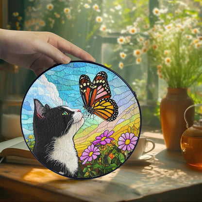Tuxedo Cat Gifts, Black & White Cat Memorial Suncatcher Gift for Loss of Cats, Butterfly Stained