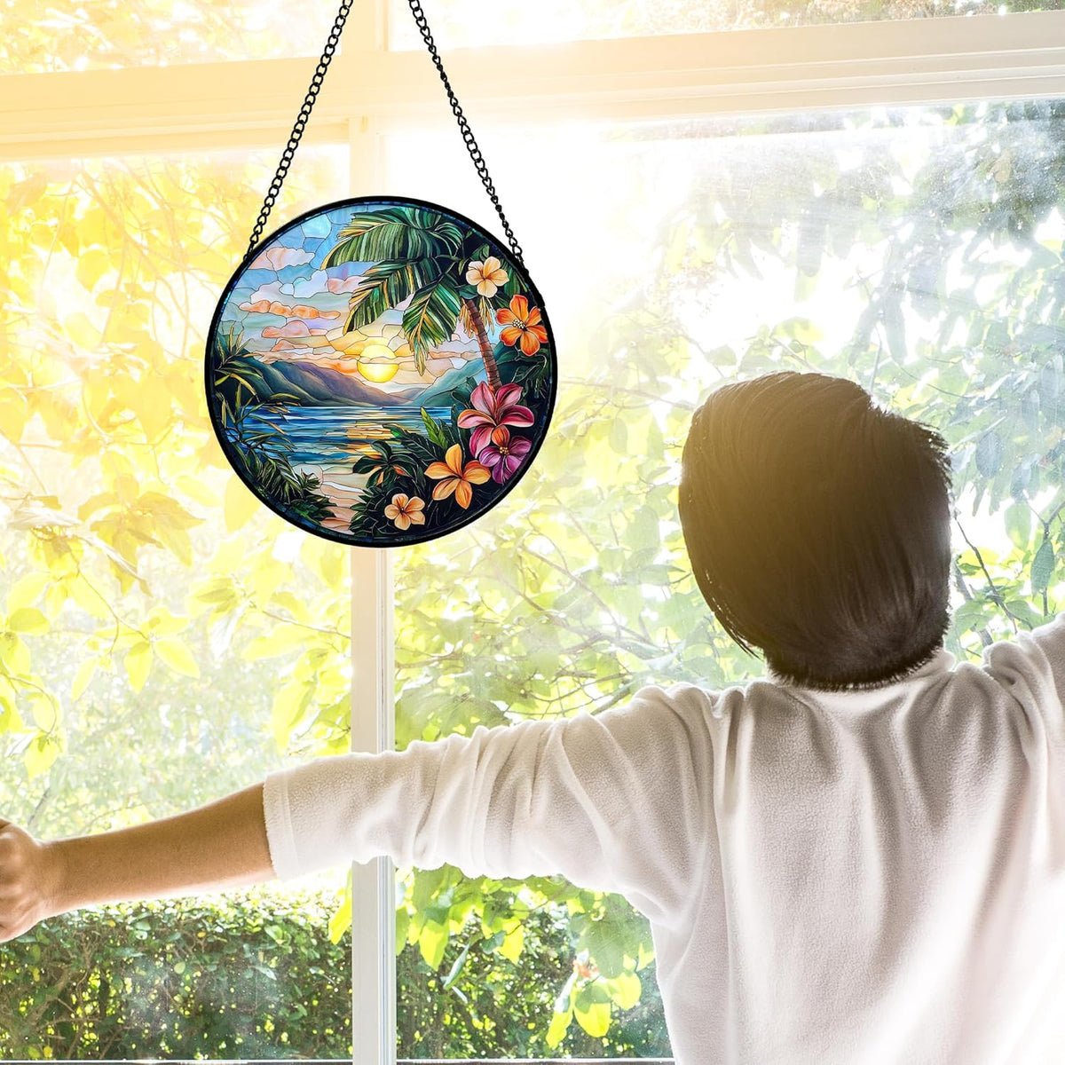 Stained Glass Window Hanging, Colorful Landscape Suncatcher for Doors Home Sun Catchers Decoration