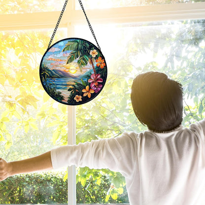 Stained Glass Window Hanging, Colorful Landscape Suncatcher for Doors Home Sun Catchers Decoration
