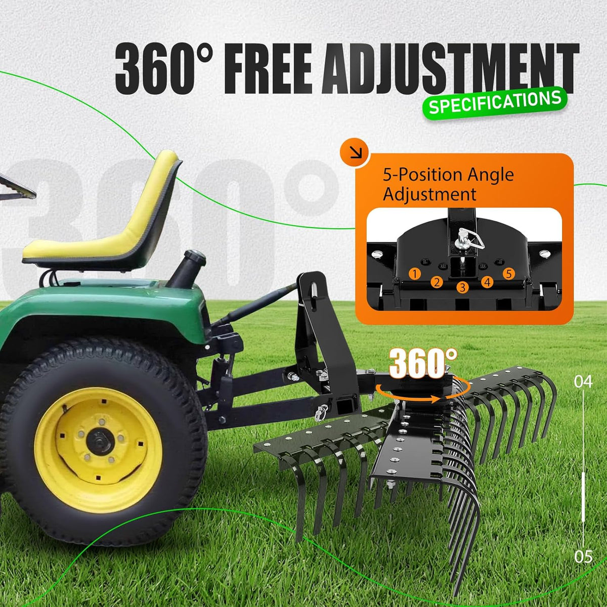 KUAFU 50" 3 Point Landscape Rake for Category-0 Cat-0 Tractor with 360 Degree Rotation, Replaceable