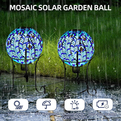 VOREEN Solar Gazing Ball, 10" Mosaic Glass Gazing Globe with Solar Light, Handmade Outdoor Yard