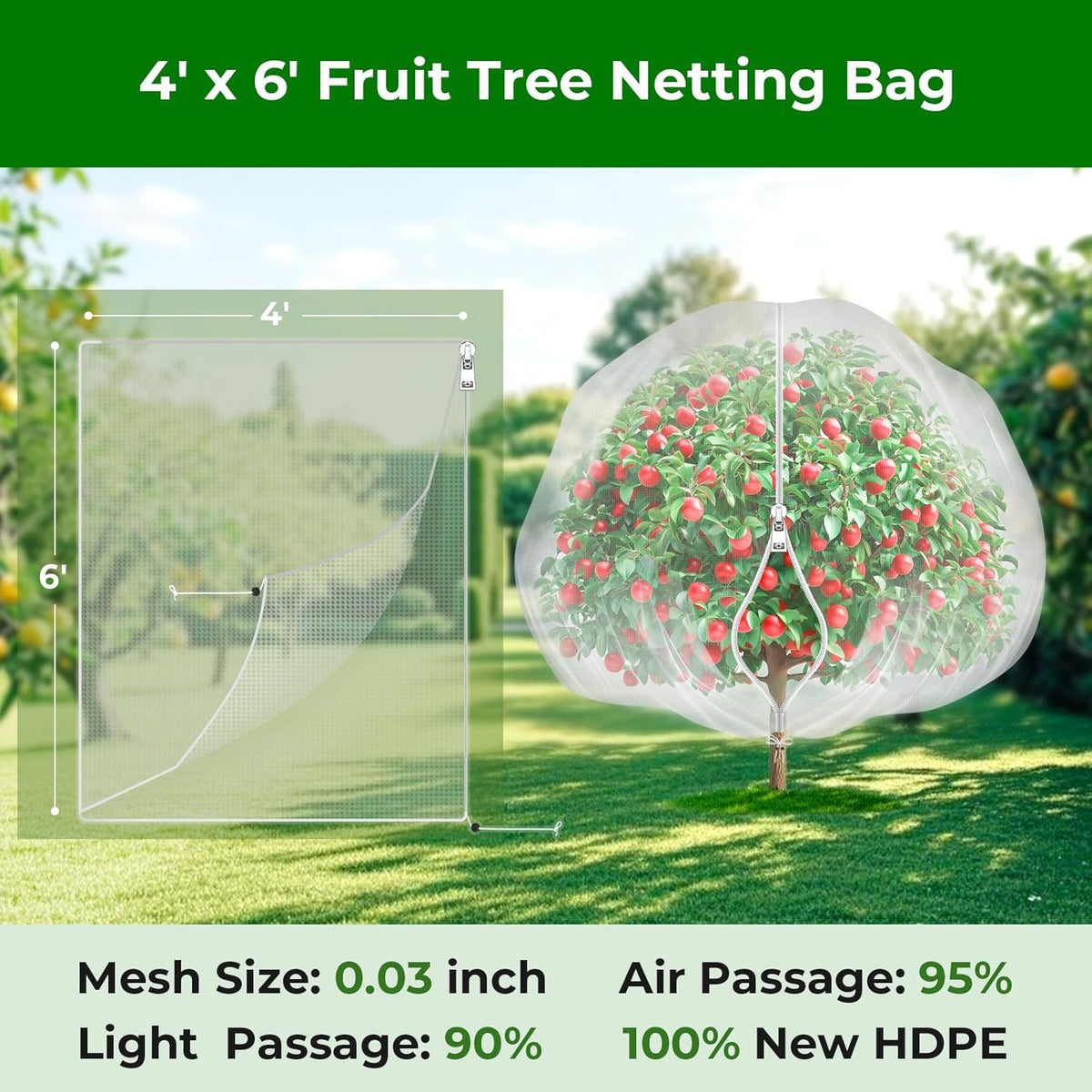 Fruit Tree Netting with Zipper & Drawstring - 4'x6' Garden Plant Net Pest Barrier 0.16 oz/ft to