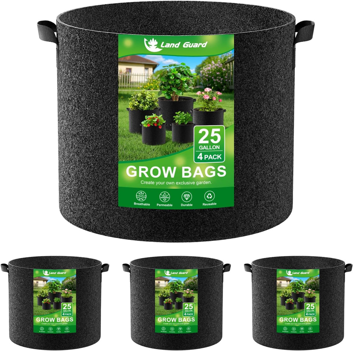 Land Guard 4-Pack Fabric Grow Bags 25 Gallon, Thickened Nonwoven Garden Pots, Growing Bags with